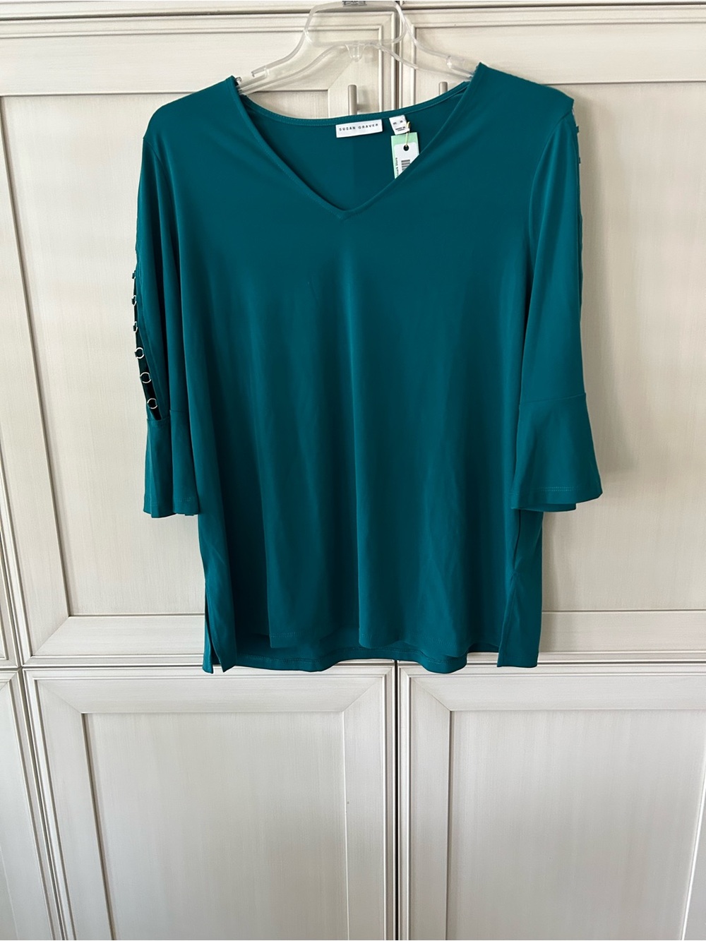 Susan Graver Teal V‑Neck 3/4 Sleeve Tunic with Button‑Accent Sleeves